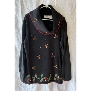 Vintage Basic Editions Cowl Neck Embroidered Holly &‎ Gold Beads Tunic Sweater L